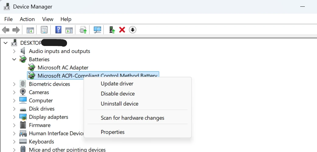 Uninstall battery drivers in Device Manager for battery not detected laptop