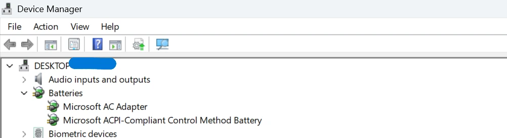 Windows Device Manager showing Microsoft AC Adapter and ACPI battery drivers