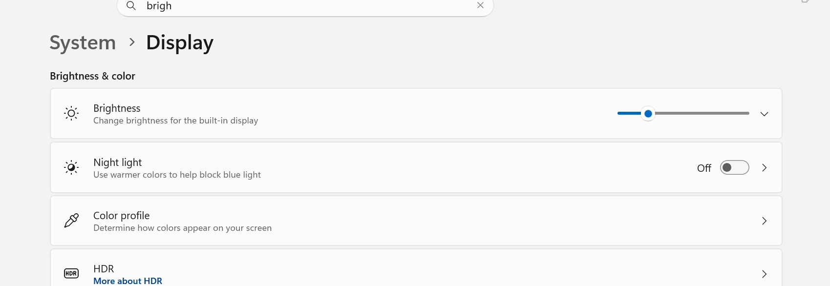 Windows Display settings showing brightness control