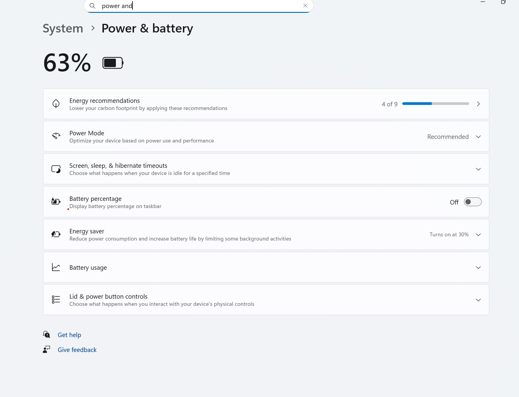 Windows Power and Battery settings for improving laptop battery life